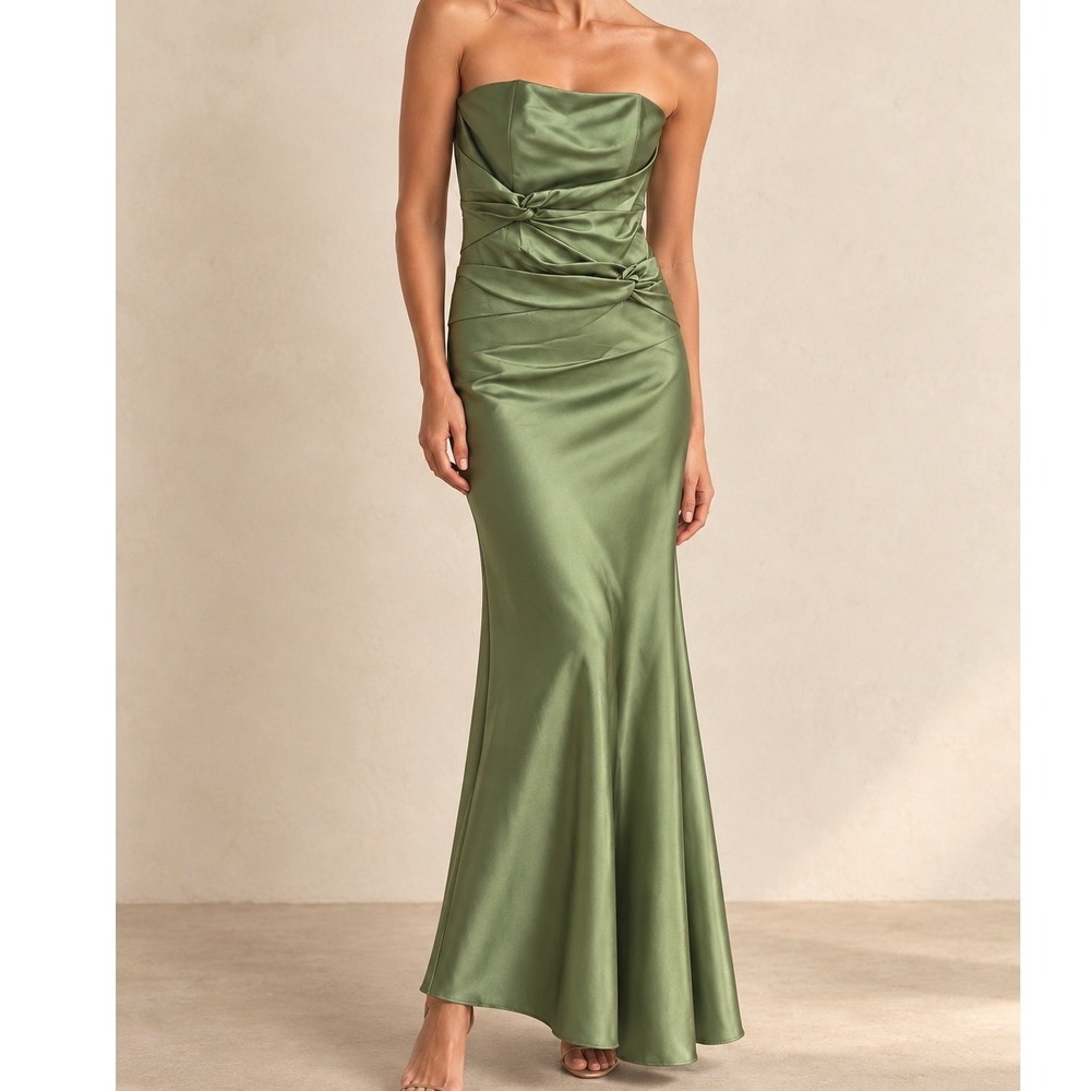 Jessica McClintock Vintage Lime Green Satin Strapless Ruched Maxi Gown 6 Prom